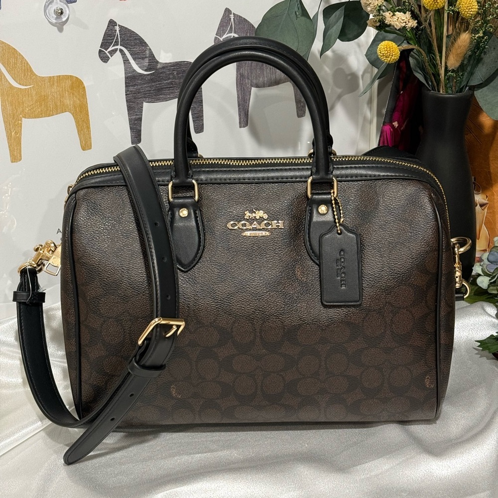 NWT Coach Rowan Large Satchel Bag In Signature Canvas CV959 walnut black